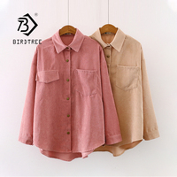 Nowych kobiet jednolita, sztruksowa rękaw w kształcie skrzydła nietoperza bluzka Vintage skręcić w dół kołnierz luźny Top zapinana różowa koszula Feminina Blusa T9D609T
